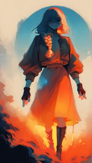 Stylized illustration of a girl with a thick braid and cropped bomber jacket standing in dramatic orange and blue sunset lighting.