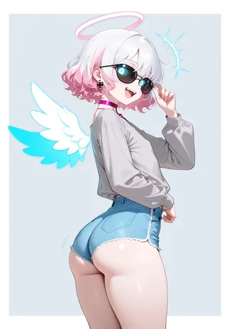 A femboy character with multicoloured short wavy hair, pink and white shades, wearing sunglasses and a light grey blouse, blue short shorts, glowing pink halo, digital white and cyan wings, smiling and looking at viewer.