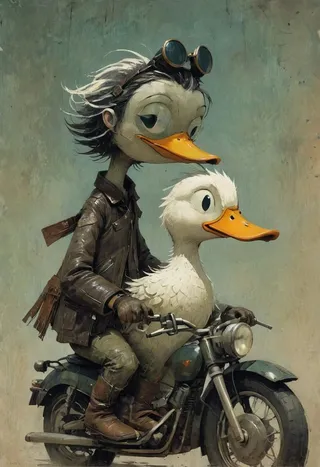 Anthropomorphic duck wearing oldschool goggles and leather jacket riding a motorcycle with a white cartoonish duck as passenger, collagraph style by William Wray
