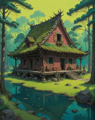 A highly detailed anime-style traditional roundhouse with moss-covered roof, set in a lush forest alongside a reflective stream under yellow-green sky.