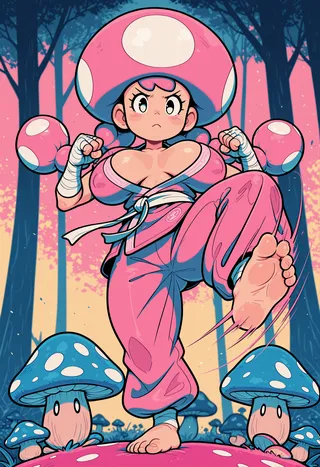 Toadette character in a dynamic martial arts fighting stance wearing a pink outfit, standing barefoot on a large mushroom in a mushroom forest background.