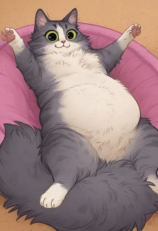 A cute and chubby fluffy grey and white cat lying on its back in a pink pet bed, looking back with big green eyes and showing pink paws.