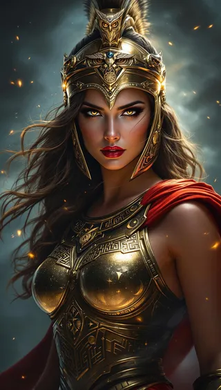 Portrait of a divine warrior woman embodying Athena, wearing ornate bronze armor and a Corinthian helmet, with glowing golden eyes and a flowing red cape.