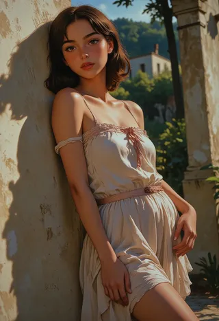 Hyper-realistic portrait of a young woman with short brown hair leaning against a textured wall outdoors, wearing a flowing beige dress in soft natural sunlight.