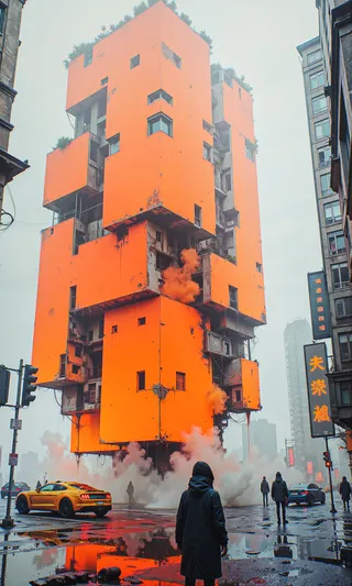 A futuristic city scene featuring a tall orange building with parts obscured by thick fog, people walking, cars on the street, and reflections in water on a wet pavement.