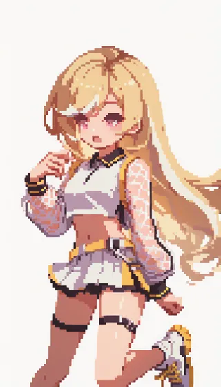 Pixel art style portrait of a blonde girl with long hair, wearing a white crop top with mesh sleeves, pleated tennis skirt with yellow accents, thigh straps, and white high-top sneakers with yellow trim.