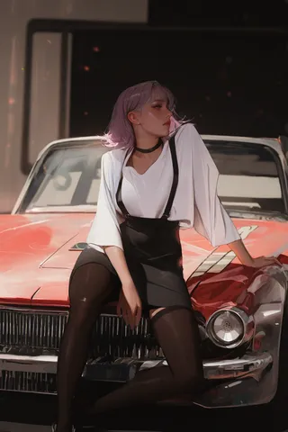 Side profile of a girl with purple hair wearing black stockings and choker sitting on the hood of a vintage red car in cinematic lighting.