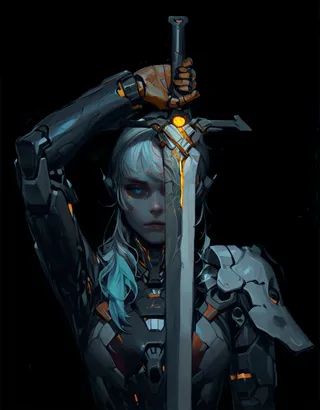 Cyberpunk android female warrior with white hair and cold blue eyes holding a glowing sword, wearing black armor with orange highlights and a robotic arm, set against a simple black background.