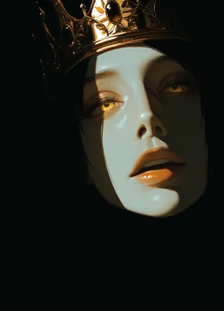 Close-up portrait of a queen wearing a golden ice crown, glowing yellow eyes, parted lips, illuminated by contrast lighting in a dark room.
