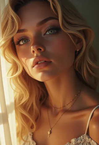 Close-up portrait of a blonde woman with beautiful green-blue eyes, glossy lips, and soft blonde hair illuminated by warm, natural light.