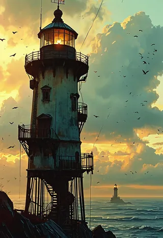 A weathered lighthouse illuminated by warm light at sunset stands over a misty ocean with seagulls flying around and a distant second lighthouse on the horizon.