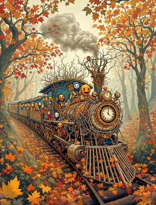 A surreal train constructed from woven vines and mechanical parts travels through a vibrant autumn forest. Passengers wear colorful masks depicting various emotions amid falling leaves.