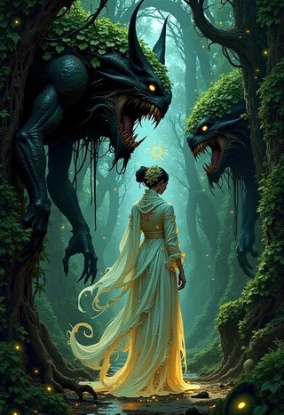 A celestial beauty in a flowing gown stands in a misty enchanted forest maze, facing two gigantic monstrous shadow creatures with glowing eyes, surrounded by lush greenery.