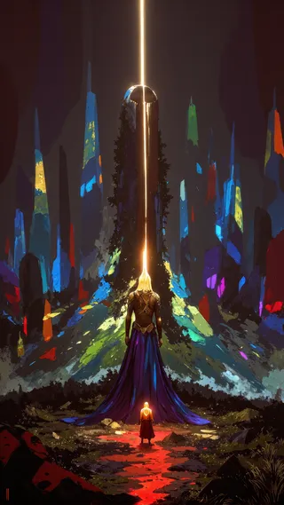 A woman in a long flowing purple gown stands in a forest of towering crystalline structures, her head emitting a vertical beam of light that illuminates the surroundings with prism-like colors.