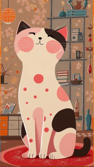 Illustration of a cute and curious kawaii cat with pink spots and black patches, smiling with closed eyes, sitting on a red carpet in a decorated room with shelves and plants.
