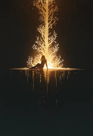Silhouette of a reclining figure illuminated by warm golden light, centered by a luminous tree with intricate branches, set in an atmospheric, foggy, dreamlike scene.