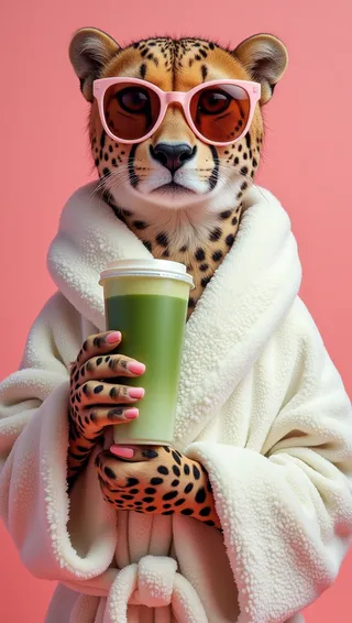 Stylized portrait of a cheetah wearing pink retro cat-eye sunglasses and a white fluffy bathrobe, holding a green matcha latte cup against a solid pink background.