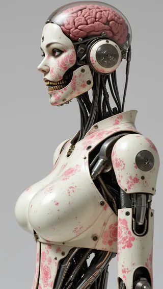 Side view of a female robot with a transparent plastic head showing a pink brain filled with wires. The robot has a metallic body with white panels splattered with pink floral patterns, standing against a grey background.
