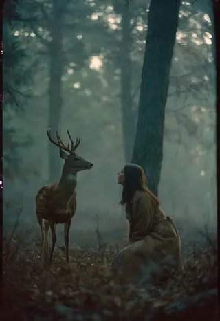 A woman and a deer facing each other in a dark, foggy autumn forest with mystic lighting and soft bokeh effects.