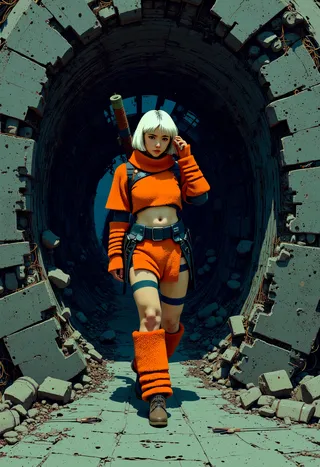 A hunter-style character with short white hair wearing vibrant orange fur-textured clothing walks through the skeletal remains of an ancient starship wreckage, set inside a dark, ruined metallic tunnel.