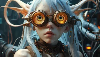 Hyperdetailed 3D render of a surreal character with pale skin, large pointed ears, light blue hair, and thick round steampunk goggles with amber lenses revealing distorted eyes.