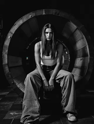 Black and white photograph of a muscular woman with long straight hair sitting on a large wooden cable spool in an industrial indoor space. She wears a white tank top and loose jeans, illuminated with dramatic, high-contrast lighting emphasizing her strong posture and defined muscles, with a vintage TV in the background.