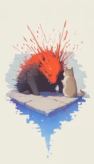 Two cats on a floating tiled platform, one with a red dragon-like head with spikes, watercolor style with glitch and abstract effects.