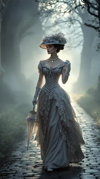 A photorealistic Victorian lady in an ornate corseted gown and lace parasol walks along a misty manor walkway at dawn with soft early morning light.