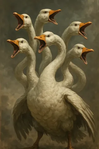 A surreal giant goose featuring multiple necks and heads similar to a hydra, with all heads opening beaks wide as if aggressively honking.