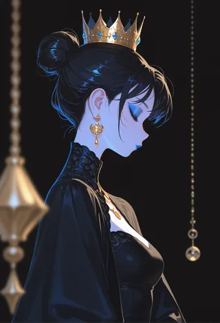 Profile portrait of a woman with black hair in a bun, wearing a gold crown, blue eyeshadow, blue lips, gold earrings, and a black dress against a dark background.