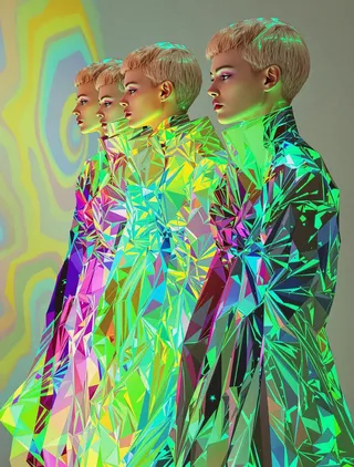Side view of four identical female models in avant-garde crystallized coats with bioluminescent 1980s new wave style glowing vividly in psychedelic colors.