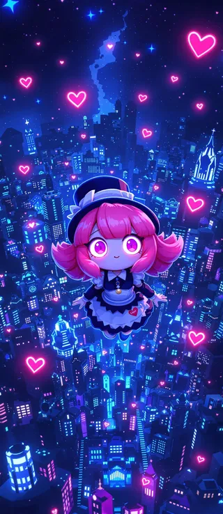Vibrant digital artwork of CivChan with pink hair and maid uniform hovering over a glowing pixelated cityscape at night with floating neon hearts.
