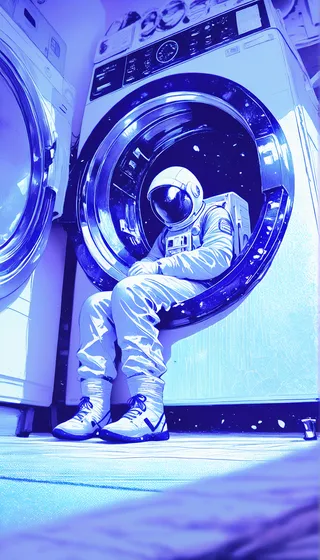 Astronaut dressed in a spacesuit sitting inside the drum of a washing machine indoors, rendered in monochrome with dynamic perspective.