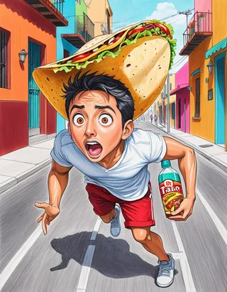 A man with a shocked expression wearing a giant taco as a hat, running down a colorful Mexican street holding a salsa bottle.