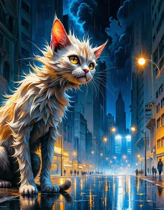 Anthropomorphic cat with wild fur standing on a wet city street at night, vibrant city lights reflecting on rain-soaked pavement under a dramatic cloudy sky.