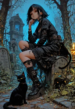 A goth witch with short black hair and beautiful eyes sits on a gravestone in a graveyard, dressed in a black goth dress and boots, accompanied by two black cats, surrounded by trees and tombstones with ambient particle effects.
