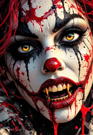 Close-up of a sinister creepy female clown face with blood and black ink splatters, golden teeth, yellow eyes, and striking black and red hair.