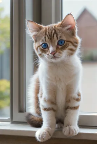 Brown and white kitten with striking blue eyes sitting indoors by a window with soft natural light shining through.