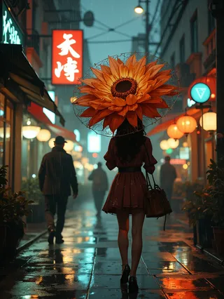 A girl walking on a rainy urban street at night holding a gigantic sunflower as an umbrella, with glowing lanterns and neon signs in the background.