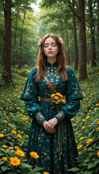 A woman wearing a green floral dress holding yellow flowers in a forest filled with yellow flowers, eyes closed, serene expression
