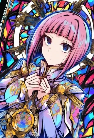 Detailed graffiti-style illustration of a female knight with pink hair and blue eyes, wearing intricate armor, set against a vibrant stained glass background.
