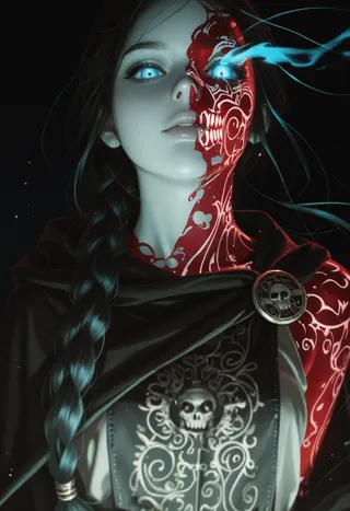 A photorealistic portrait of a female character with glowing blue eyes and half of her face painted like a red skull with intricate designs, wearing a dark cloak with ornate skull-themed patterns, long braided hair, set against a black background.