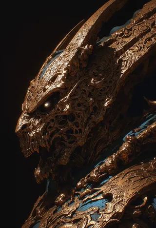 A hyper-realistic close-up of a dragon head featuring intricate ornate armor with metallic texture set against a dark background.