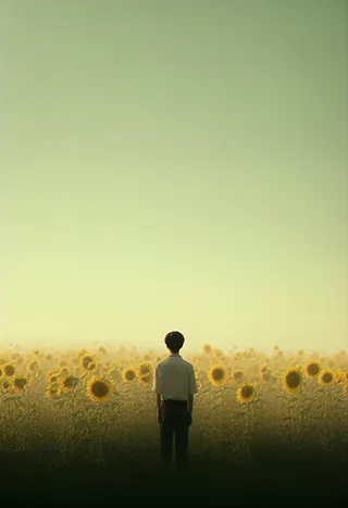 A solitary boy stands in a vast field of sunflowers bathed in golden-hour light, evoking a feeling of melancholy and introspection with photorealistic cinematic lighting.