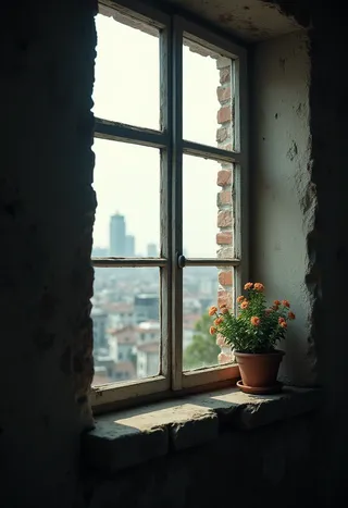 A weathered window with a potted orange-flowered plant on the sill, overlooking a blurred sprawling cityscape with soft natural light.