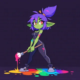 Vector illustration of a goblin girl with green skin and purple hair holding a paintbrush dripping bright pink paint, standing on a colorful paint splatter on a dark brick wall background.