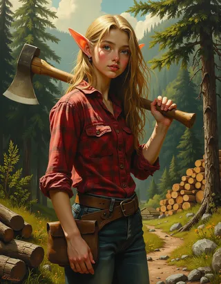 A hyper-realistic oil painting of a cheerful elf girl lumberjack wearing a red plaid shirt and denim jeans, holding an axe over her shoulder in a green forest with stacked logs and a wooden cabin.