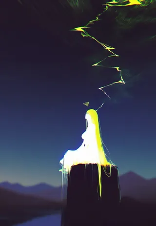 A yellow-haired girl in white sleeveless robes sits cross-legged on a dark pedestal under a vibrant surreal lightning strike with a mountainous lake background at evening.