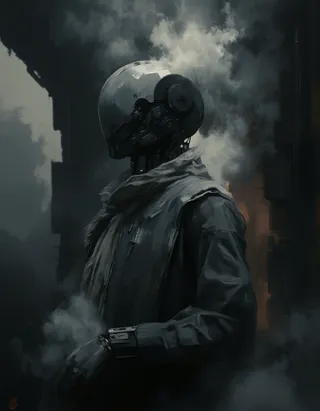 A cyberpunk-style robot with a smooth helmet and dark, futuristic clothing appears surrounded by thick smoke in a shadowy environment with dramatic Rembrandt lighting.
