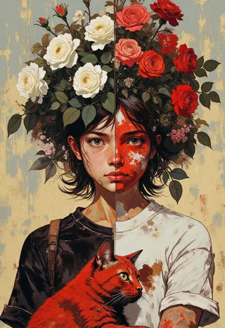 A split-color portrait of a girl with flowers instead of hair, featuring white and red roses, wearing matching split-color clothes, holding a red and white cat against a textured background.